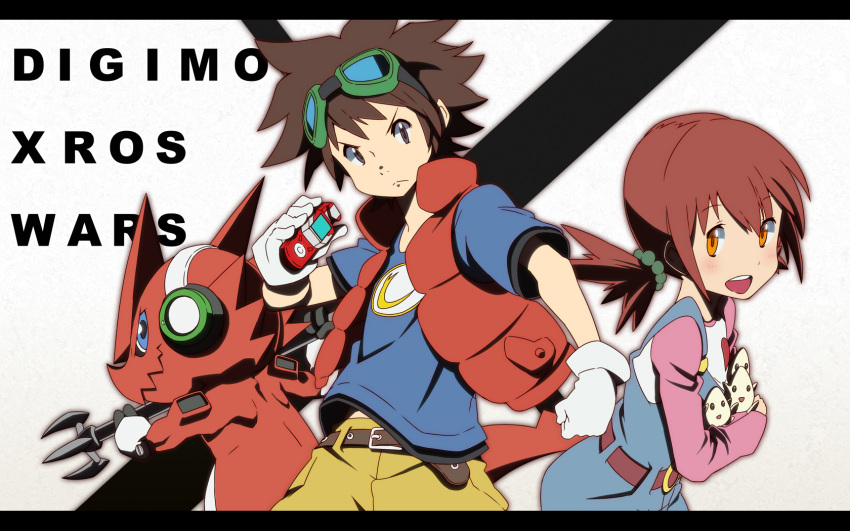 brown_hair, digimon, digimon_xros_wars, goggles, goggles_on_head, hajime_(hajime-ill-1st), headphones, highres, hinomoto_akari, kudou_taiki, letterboxed, orange_hair, overalls, pickmon, pickmon_(yellow), red_hair, redhead, shirt, shoutmon, wallpaper, xrossloader