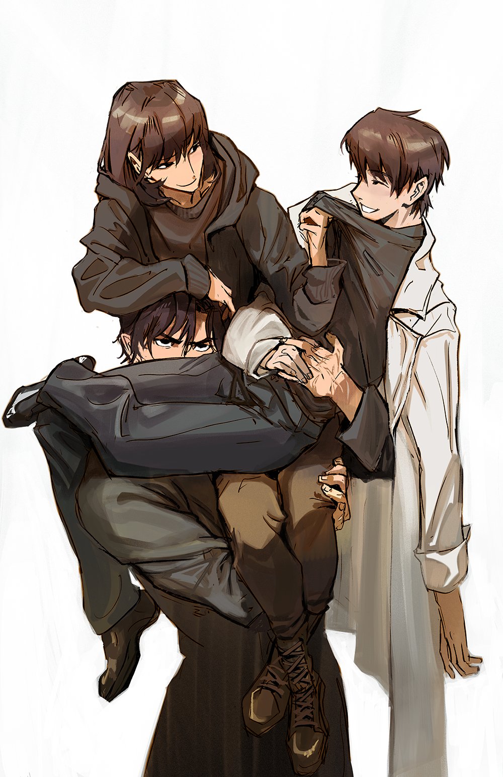 1girl, 2boys, black_eyes, black_footwear, black_hair, black_hoodie, black_pants, black_shirt