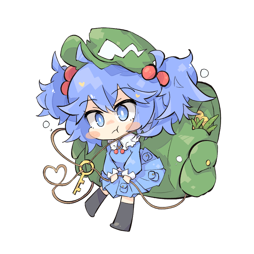 1girl, backpack, bag, black_thighhighs, blue_dress, blue_eyes, blue_hair, blush