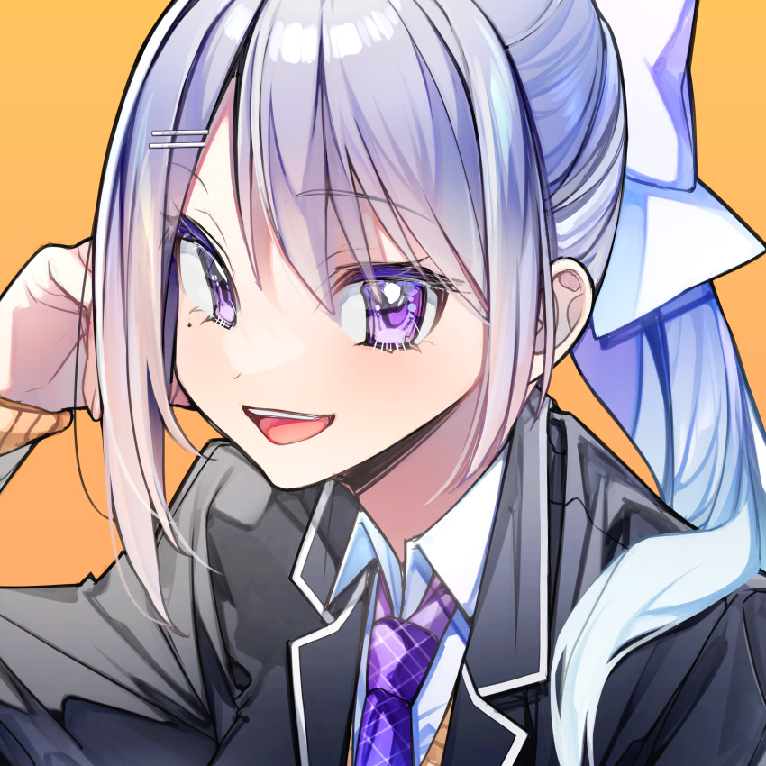 1girl, absurdres, black_jacket, blazer, bow, dress_shirt, grey_hair, hair_bow