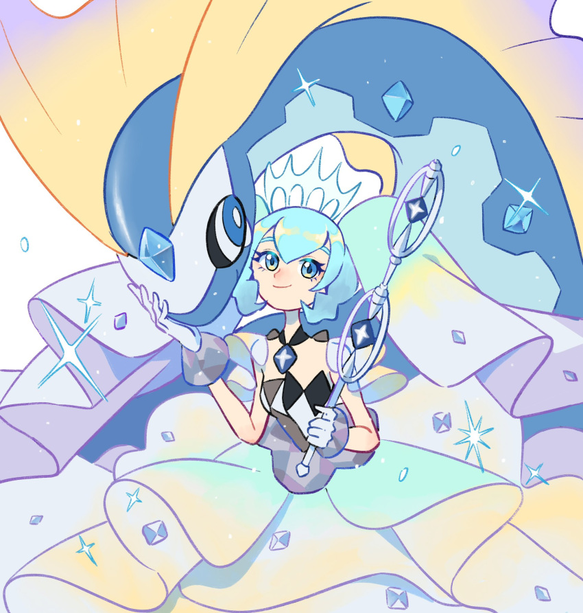 1girl, aurorus, blue_hair, diamond_(shape), diamond_choker, dress, frilled_dress, frills