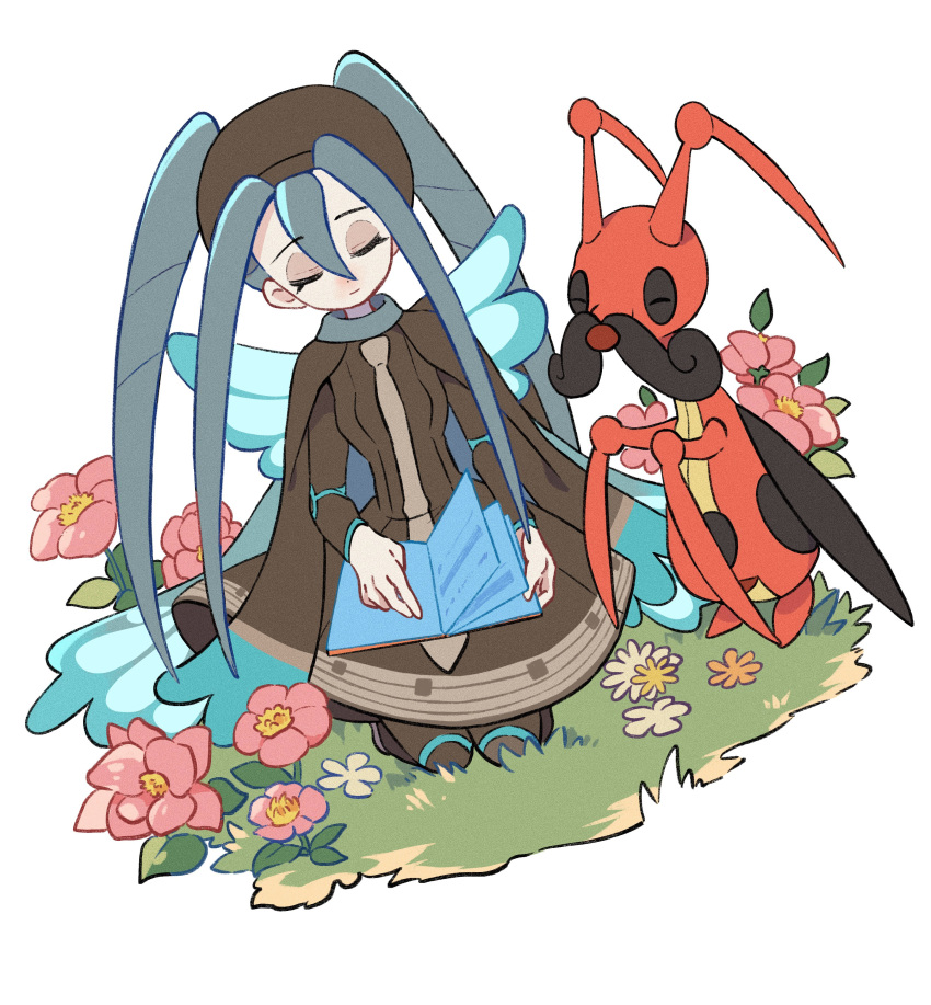 1girl, absurdres, animal_print, book, brown_dress, brown_headwear, bug_miku_(project_voltage), butterfly_print