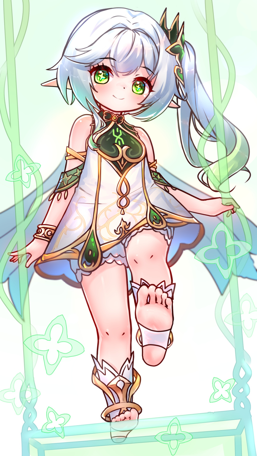 1girl, absurdres, closed_mouth, cross-shaped_pupils, dress, genshin_impact, green_eyes, hair_ornament