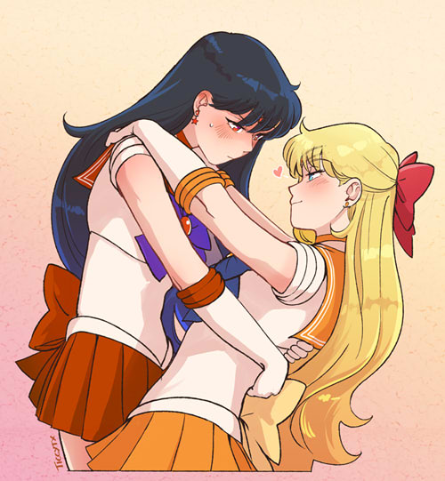 2girls, aino_minako, bishoujo_senshi_sailor_moon, black_hair, blonde_hair, blush, bow, earrings