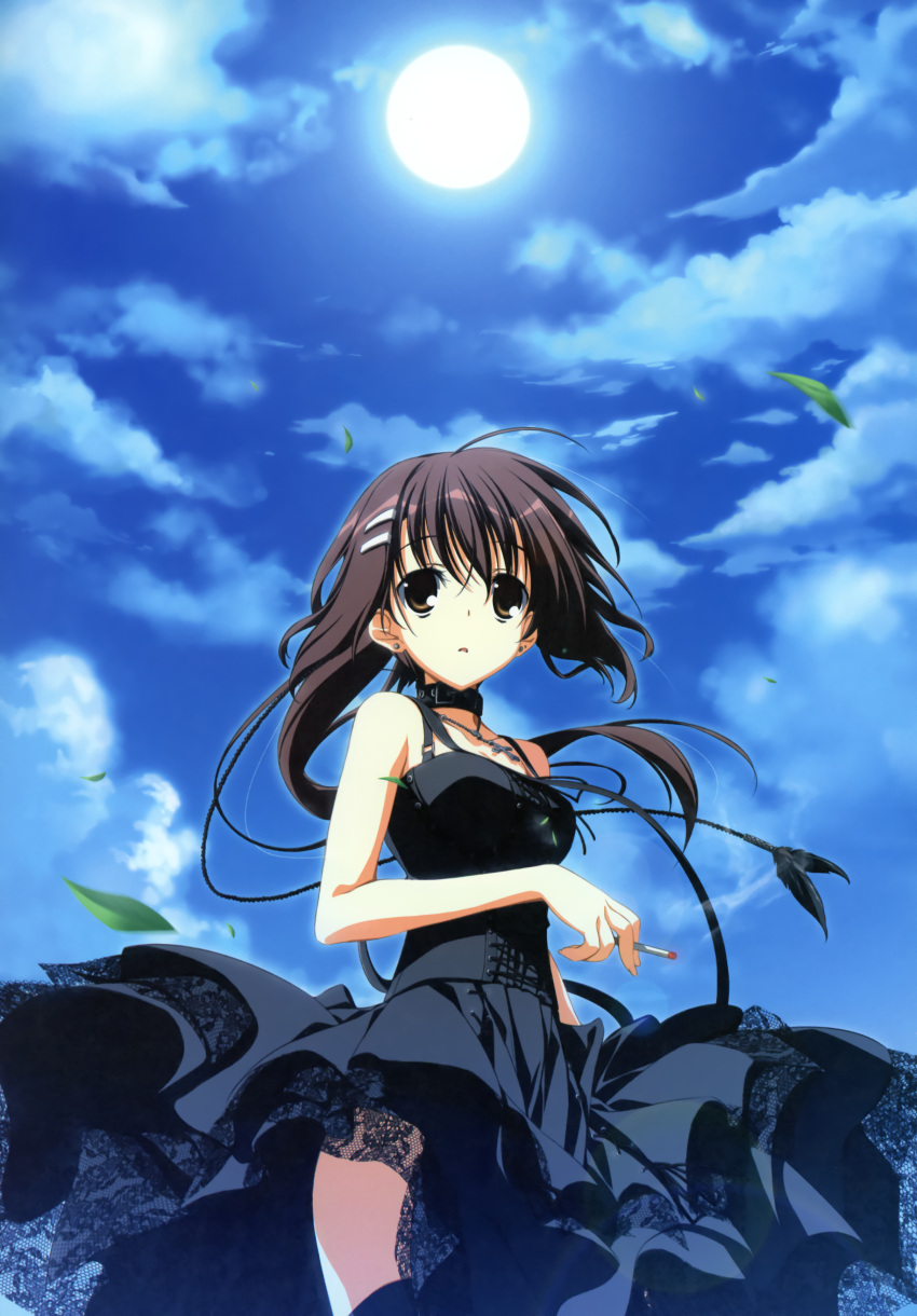 black_dress, brown_eyes, brown_hair, cigarette, cloud, clouds, collar, dress