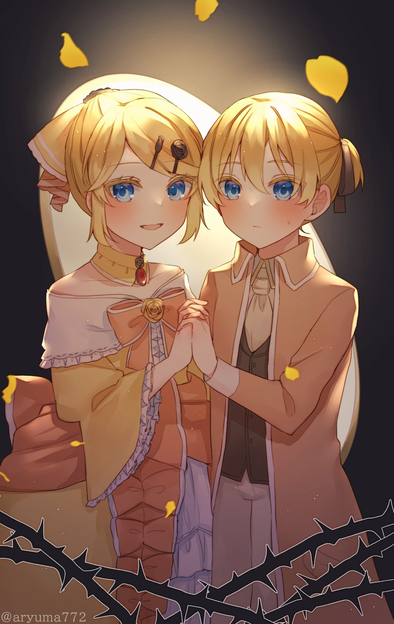 1boy, 1girl, aku_no_meshitsukai_(vocaloid), aku_no_musume_(vocaloid), allen_avadonia, aryuma772, ascot, bare_shoulders