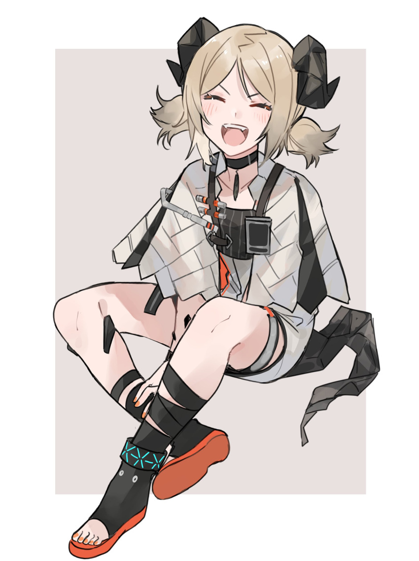 1girl, absurdres, arknights, black_collar, black_footwear, blonde_hair, blush, border