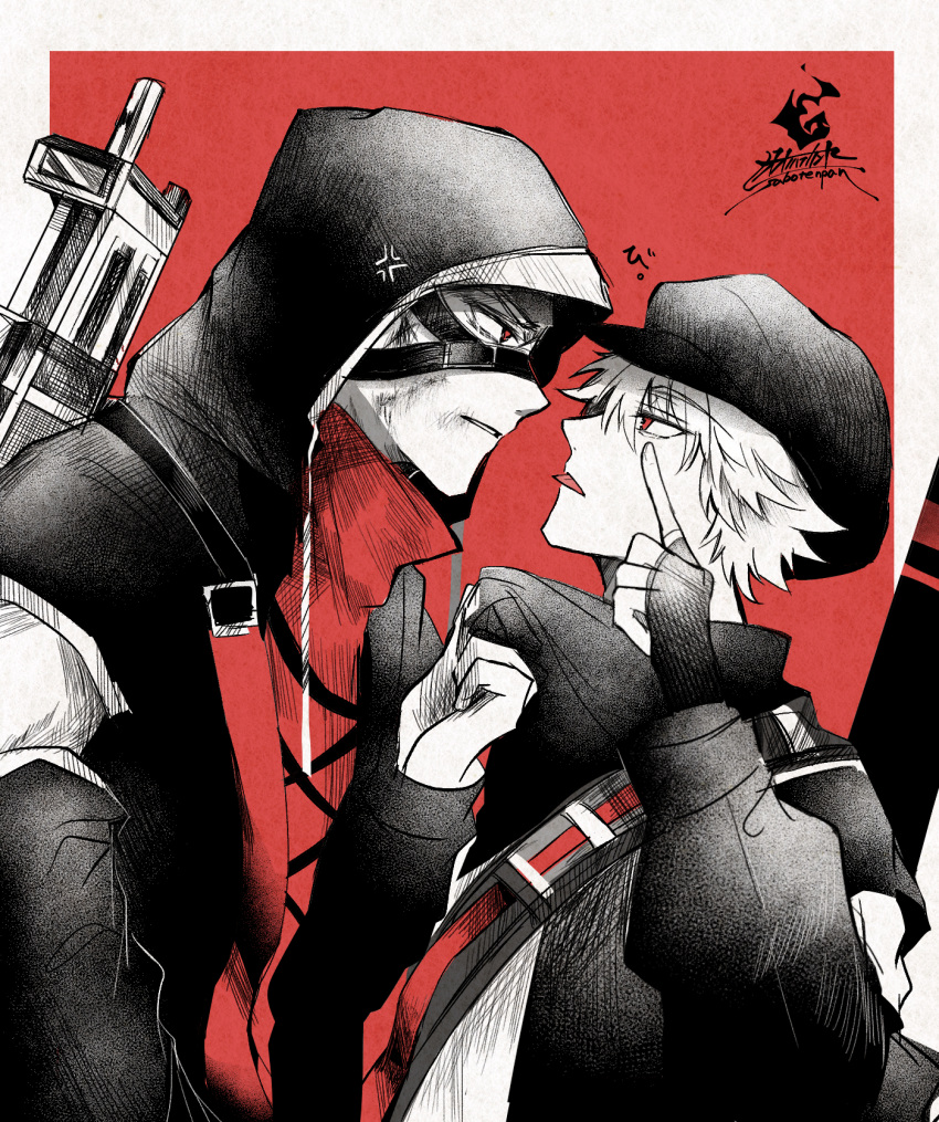 2boys, anger_vein, arknights, black_gloves, black_headwear, black_jacket, cabbie_hat, eye_contact