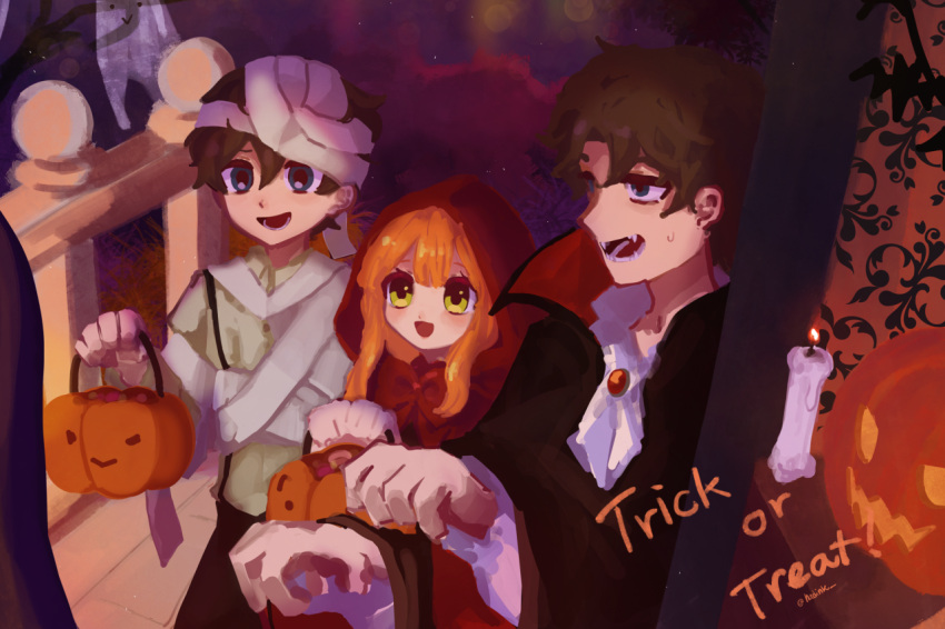 1girl, 2boys, :>, :d, archived_source, artist_name, bandages, black_cape, blue_eyes, blush, brown_hair, candle, candy, cape, child, commentary, cosplay, crying_child's_brother_(fnaf), crying_child_(fnaf), elizabeth_afton, english_commentary, fangs, five_nights_at_freddy's, food, ghost, green_eyes, hair_between_eyes, halloween, halloween_bucket, hiji_(hijichan), holding, jack-o'-lantern, little_red_riding_hood_(grimm), little_red_riding_hood_(grimm)_(cosplay), long_hair, long_sleeves, michael_afton, multiple_boys, mummy_costume, night, open_mouth, orange_hair, outstretched_arms, porch, pumpkin, red_brooch, red_cape, red_hood, short_hair, smile, sweatdrop, trick_or_treat, two-sided_cape, two-sided_fabric, vampire_costume, zombie_pose