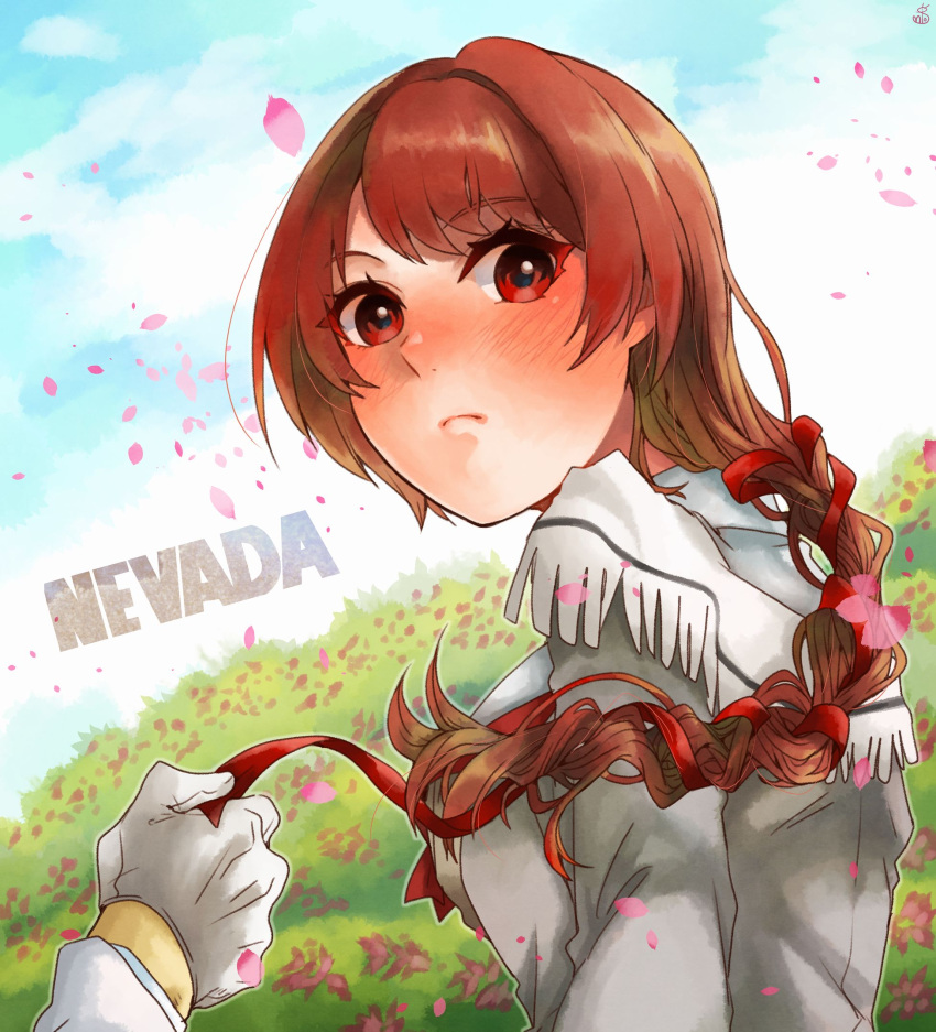 1boy, 1girl, blush, braid, brown_hair, bush, character_name, closed_mouth