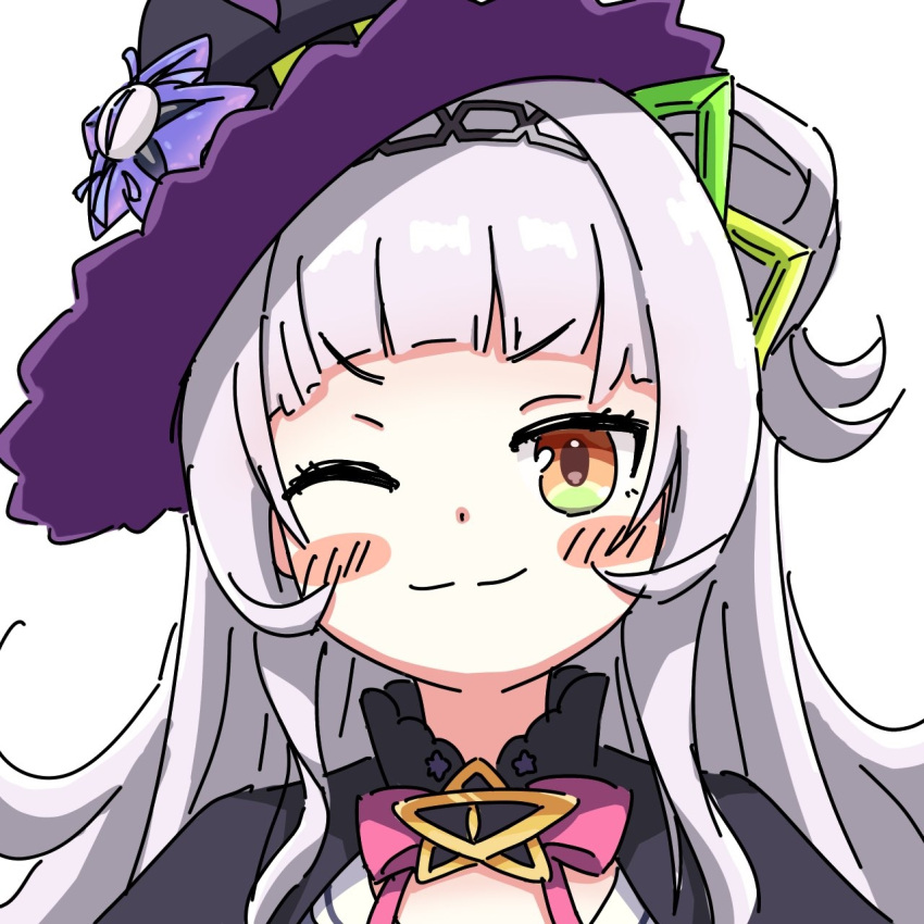 1girl, ama_(ama_ekaku), arched_bangs, black_hairband, black_headwear, blush_stickers, closed_mouth, grey_hair