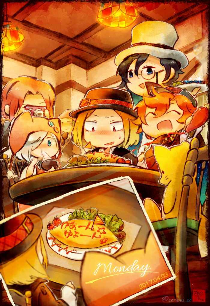 6+boys, :d, ^_^, animal_hat, aqua_eyes, black_hair, black_headwear, black_jacket