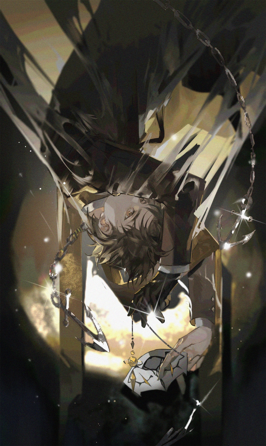 1boy, abstract_background, anchor, black_gloves, black_hair, black_jacket, brown_eyes, chain