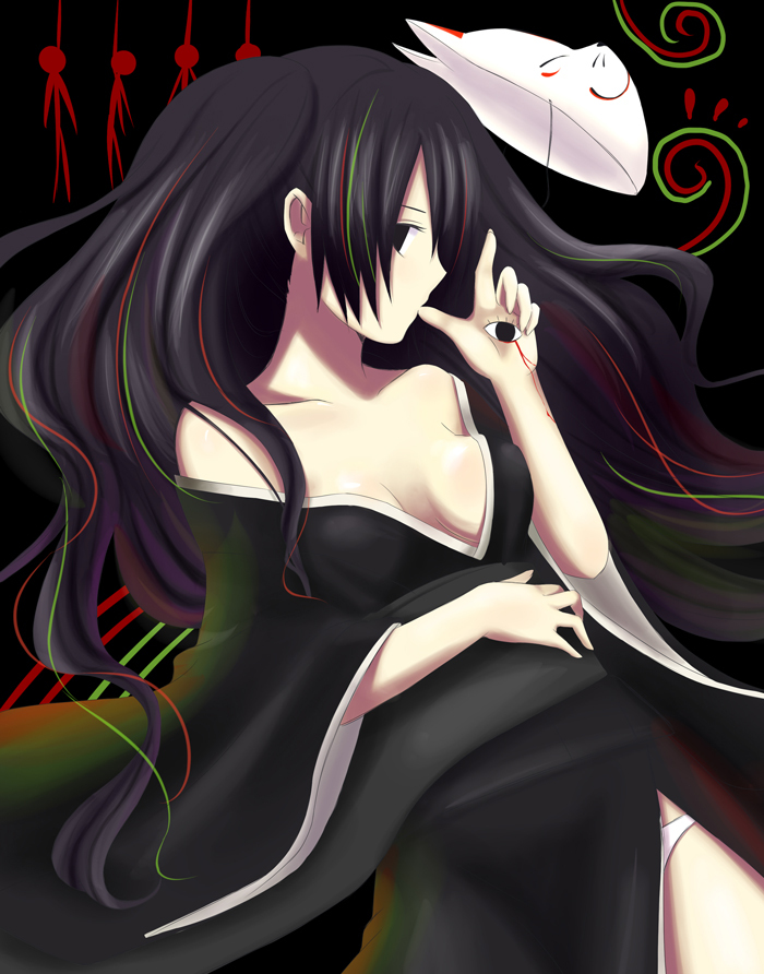 black_hair, cleavage, fox_mask, hatsune_miku, japanese_clothes, long_hair, mask, musunde_hiraite_rasetsu_to_mukuro_(vocaloid), ourin, panties, underwear, vocaloid