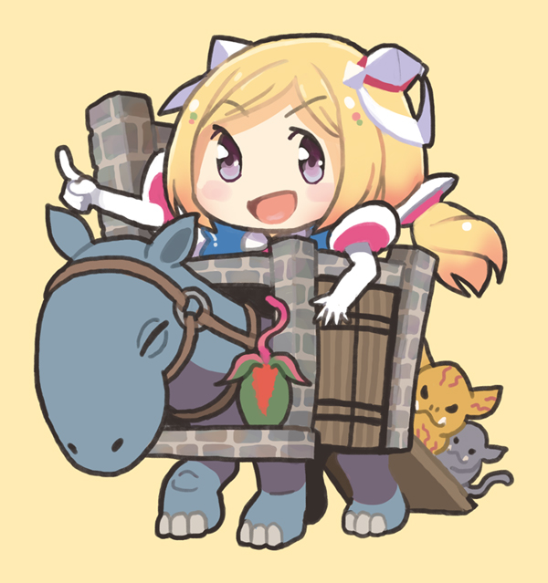 aki_rosenthal, aki_rosenthal_(1st_costume), animal, blonde_hair, blue_dress, chibi, collared_dress, dress