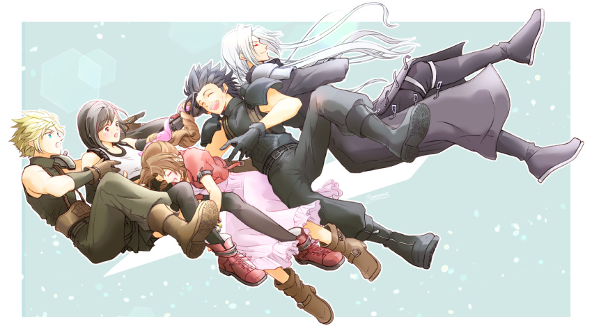 2girls, 3boys, 3mame_000_185, aerith_gainsborough, armor, bare_shoulders, black_coat, black_footwear, black_gloves, black_hair, black_pants, black_skirt, black_thighhighs, blonde_hair, blue_eyes, boots, border, braid, braided_ponytail, brown_footwear, brown_gloves, brown_hair, closed_eyes, cloud_strife, coat, commentary_request, crop_top, cross_scar, dress, earrings, elbow_gloves, final_fantasy, final_fantasy_vii, final_fantasy_vii_remake, floating_hair, full_body, gloves, grey_hair, hair_ribbon, jacket, jewelry, long_hair, low-tied_long_hair, multiple_boys, multiple_girls, open_mouth, outside_border, pants, pink_dress, pink_ribbon, red_eyes, red_footwear, red_jacket, ribbon, scar, scar_on_cheek, scar_on_face, sephiroth, short_hair, shoulder_armor, skirt, sleeveless, sleeveless_turtleneck, smile, spiky_hair, stud_earrings, suspender_skirt, suspenders, sweater, tank_top, thigh-highs, tifa_lockhart, turtleneck, turtleneck_sweater, white_border, white_tank_top, zack_fair
