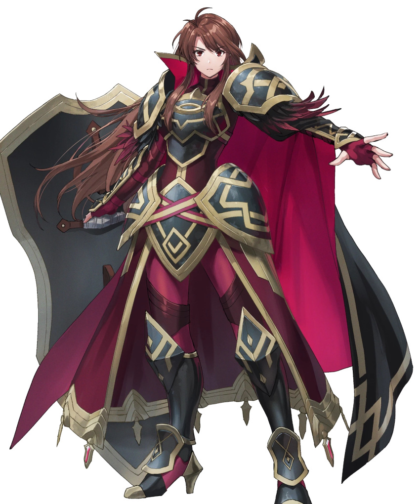 1girl, alternate_costume, arm_guards, armor, armored_boots, armored_dress, boots, breastplate, brown_eyes, brown_hair, cape, dai-xt, faulds, feather_trim, fingerless_gloves, fire_emblem, fire_emblem:_mystery_of_the_emblem, fire_emblem_heroes, gloves, gold_trim, high_heels, highres, leggings, long_hair, long_sleeves, non-web_source, official_alternate_costume, official_art, sheena_(fire_emblem), shoulder_armor, solo, standing, transparent_background, turtleneck