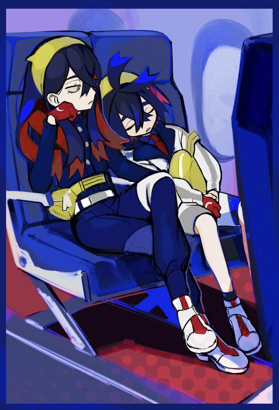 1boy, 1girl, bag, black_hair, black_jacket, blue_hair, blue_shirt, border