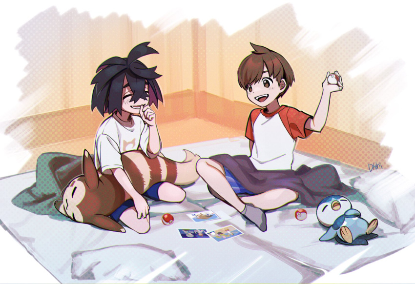 2boys, black_hair, blanket, blush, brown_eyes, brown_hair, closed_eyes, crossed_bangs
