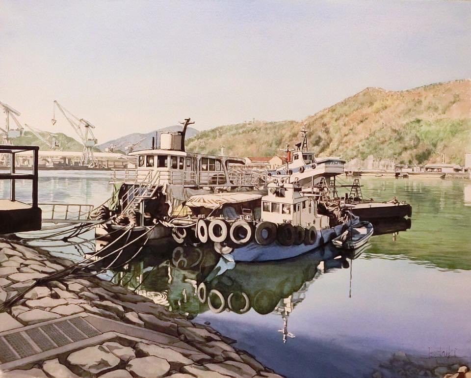 boat, breast_press, crane_(machine), dock, hill, no_humans, ocean, original