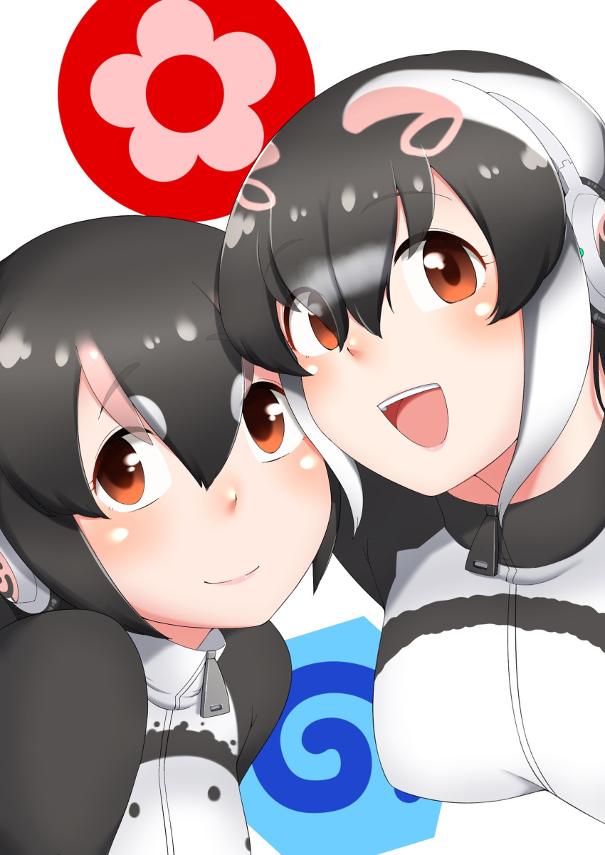 2girls, african_penguin_(kemono_friends), black_hair, closed_mouth, hair_between_eyes, headphones, highres, hitonoko