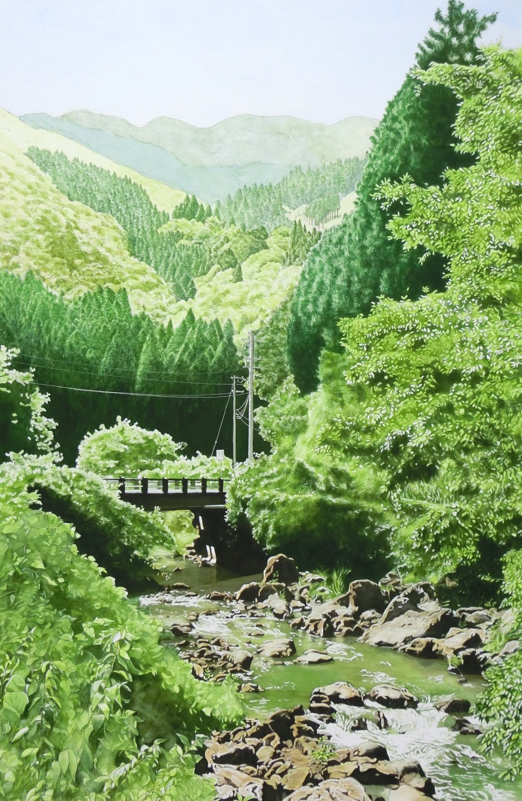 bridge, day, forest, highres, nature, original, painting_(medium), pine_tree