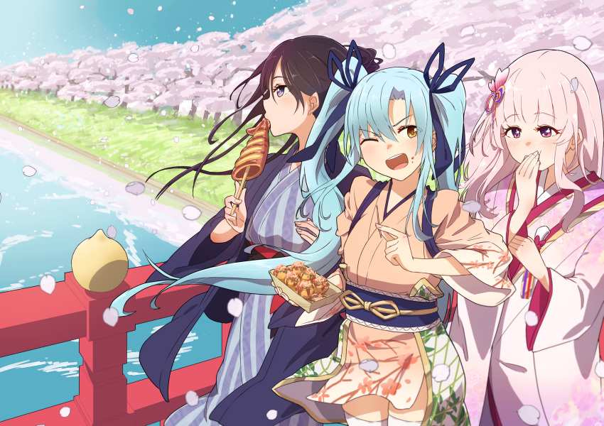 3girls, biting, blue_hair, blue_ribbon, blush, bridge, brown_hair, covering_mouth