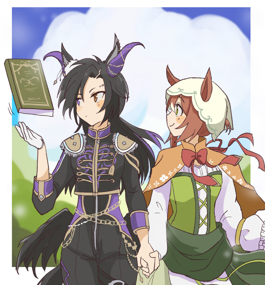 2girls, air_shakur_(belphegor's_prime)_(umamusume), air_shakur_(umamusume), animal_ears, black_bodysuit, black_hair, black_jacket, bodysuit, bow, bowtie, brown_capelet, brown_eyes, brown_hair, capelet, commentary_request, ears_through_headwear, eyebrow_piercing, fine_motion_(hello_my_clover)_(umamusume), fine_motion_(umamusume), gloves, green_eyes, heterochromia, highres, holding_hands, horse_ears, horse_girl, horse_tail, jacket, long_hair, long_sleeves, multicolored_hair, multiple_girls, official_alternate_costume, official_alternate_eye_color, partial_commentary, piercing, red_bow, red_bowtie, streaked_hair, tail, umamusume, usako_(umauma0602), white_gloves
