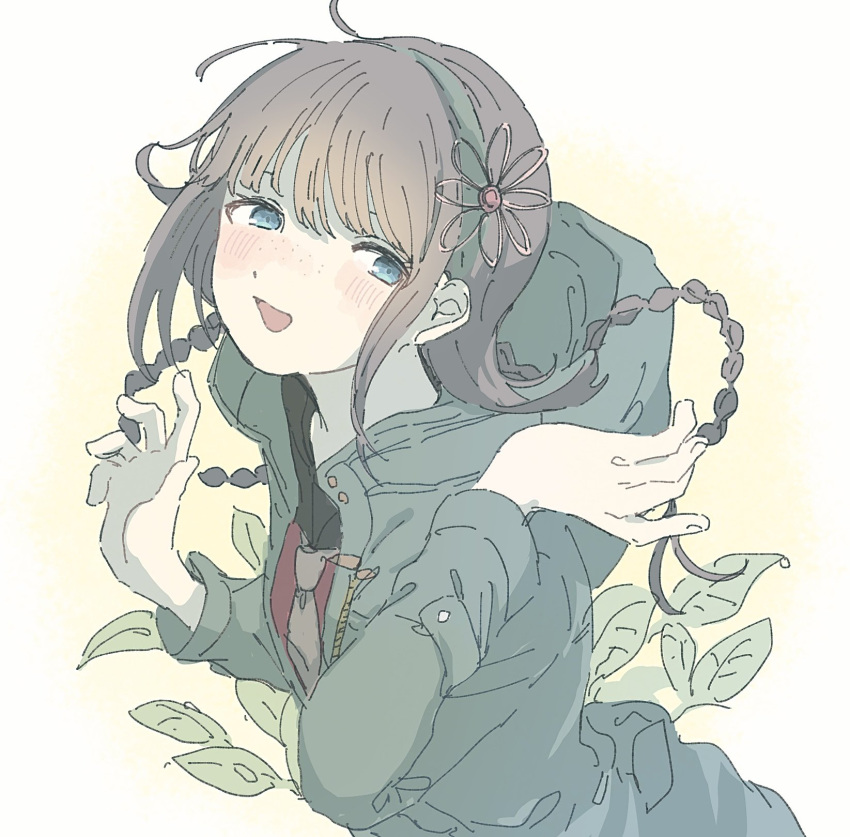 1girl, :d, blue_eyes, blush, braid, coat, commentary_request, flower