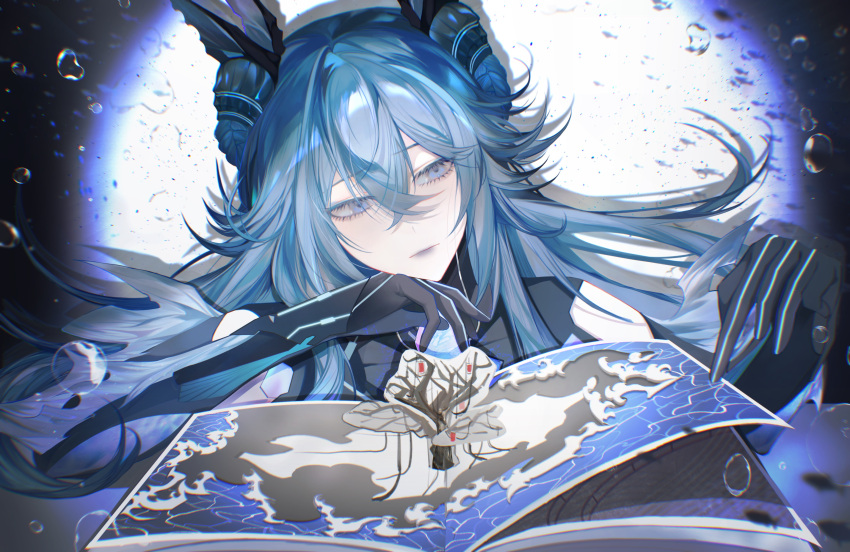 1girl, absurdres, aqua_hair, arm_fins, artist_request, blue_eyes, blue_hair, book