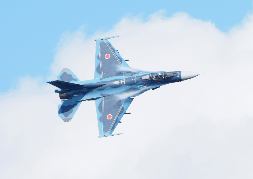 1boy, aircraft, airplane, clouds, cloudy_sky, f-2, fighter_jet, flying