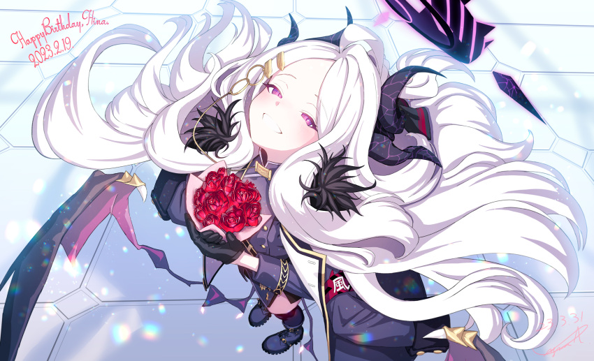 1girl, absurdres, ahoge, blue_archive, blush, bouquet, character_name, coat