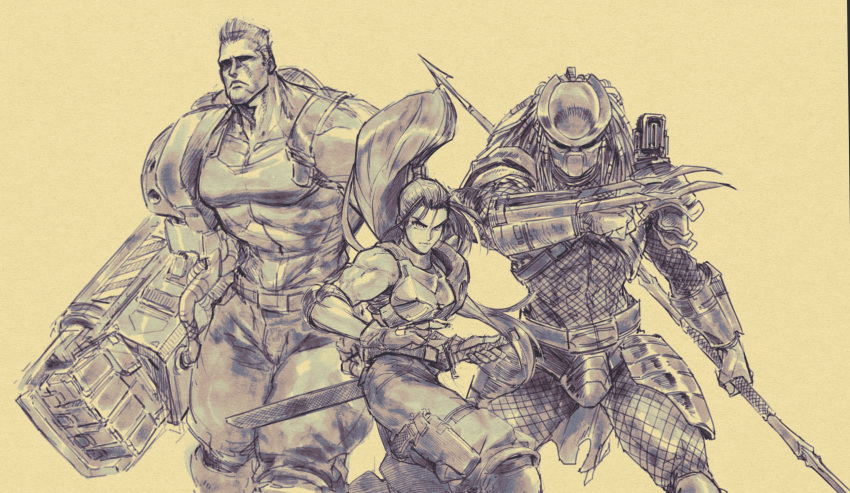 1girl, 2boys, alien_vs._predator, armor, breastplate, capcom, collarbone, combistick