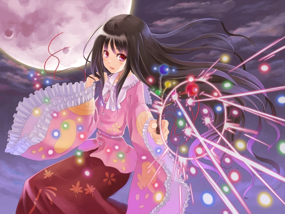 branch, danmaku, flying, full_moon, houraisan_kaguya, jeweled_branch_of_hourai, long_hair, magic