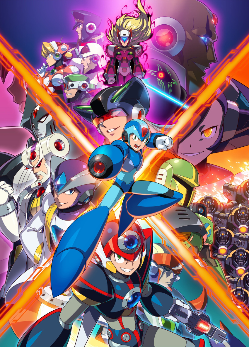 1girl, 6+boys, absurdres, alia_(mega_man), armor, aura, axl_(mega_man), blonde_hair