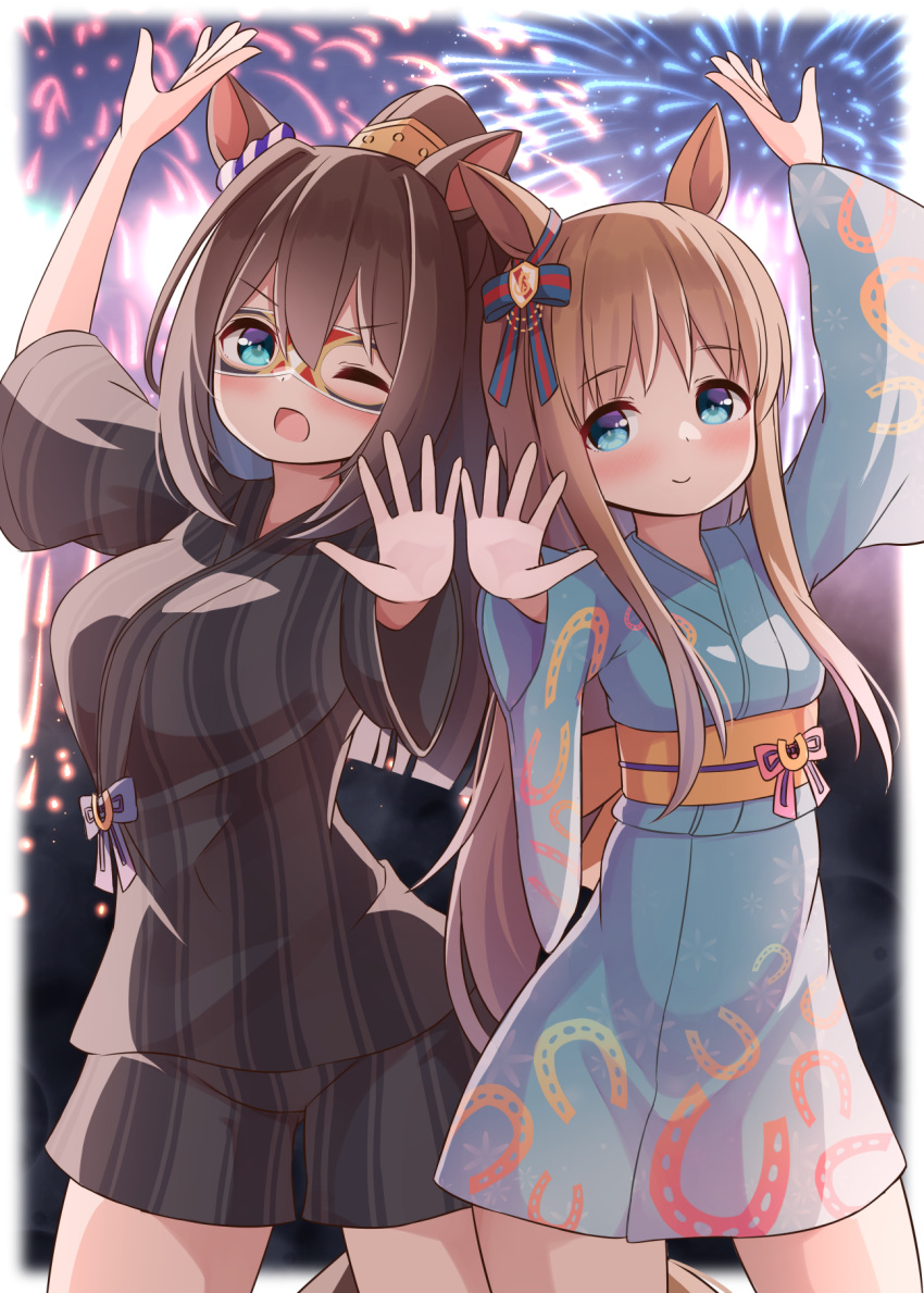 2girls, ;d, animal_ears, blue_eyes, brown_hair, cowboy_shot, domino_mask, ear_scrunchie, el_condor_pasa_(umamusume), fireworks, grass_wonder_(umamusume), highres, horse_ears, horse_girl, horseshoe_print, japanese_clothes, jinbei_(clothes), kimono, long_hair, looking_at_viewer, mask, multicolored_hair, multiple_girls, nepty_(silkey_vod), obi, official_alternate_costume, one_eye_closed, robe, sash, smile, streaked_hair, striped, striped_kimono, tracen_ondo_outfit_(umamusume), umamusume, vertical-striped_kimono, vertical_stripes, yellow_robe