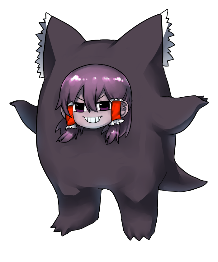 1girl, aaaa_(aaaa480), brown_eyes, brown_hair, commentary_request, cookie_(touhou), cosplay, frilled_hair_tubes, frills, full_body, gengar, gengar_(cosplay), grin, hair_between_eyes, hair_tubes, hakurei_reimu, long_bangs, looking_at_viewer, maru_(cookie), pokemon, short_hair, simple_background, smile, solo, standing, touhou, transparent_background, v-shaped_eyebrows