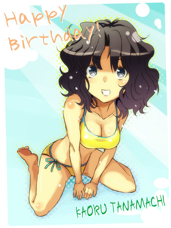 1girl, amagami, barefoot, birthday, breasts, cleavage, foreshortening, grin