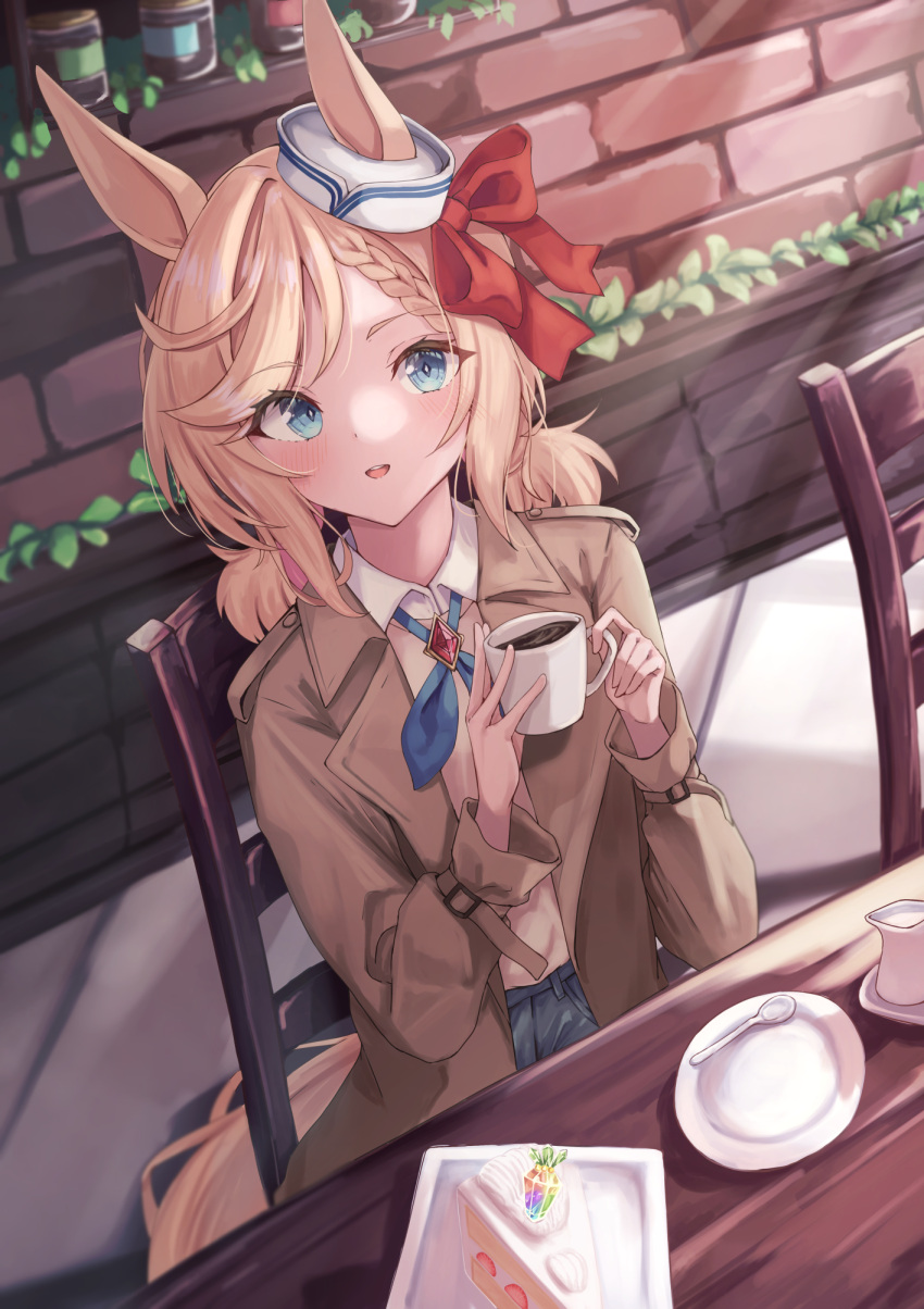 1girl, aki_tsune, alternate_costume, animal_ears, blue_eyes, blush, bow, braid