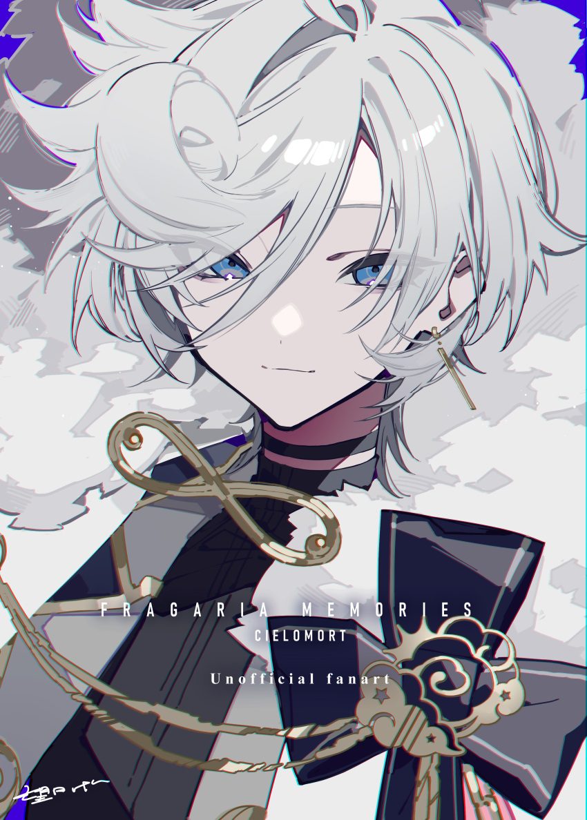 1boy, absurdres, black_choker, black_shirt, blue_background, blue_eyes, cape, character_name, choker, cielomort_(fragaria_memories), closed_mouth, copyright_name, earrings, fragaria_memories, fur-trimmed_jacket, fur_trim, highres, jacket, jewelry, looking_at_viewer, male_focus, mochizuki_kei, shirt, short_hair, smile, solo, white_cape, white_hair