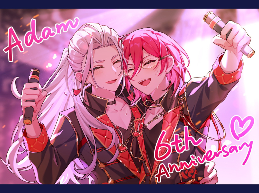 2boys, adam_(ensemble_stars!), black_jacket, black_shirt, blue_shirt, closed_eyes, daya_kro, ensemble_stars!