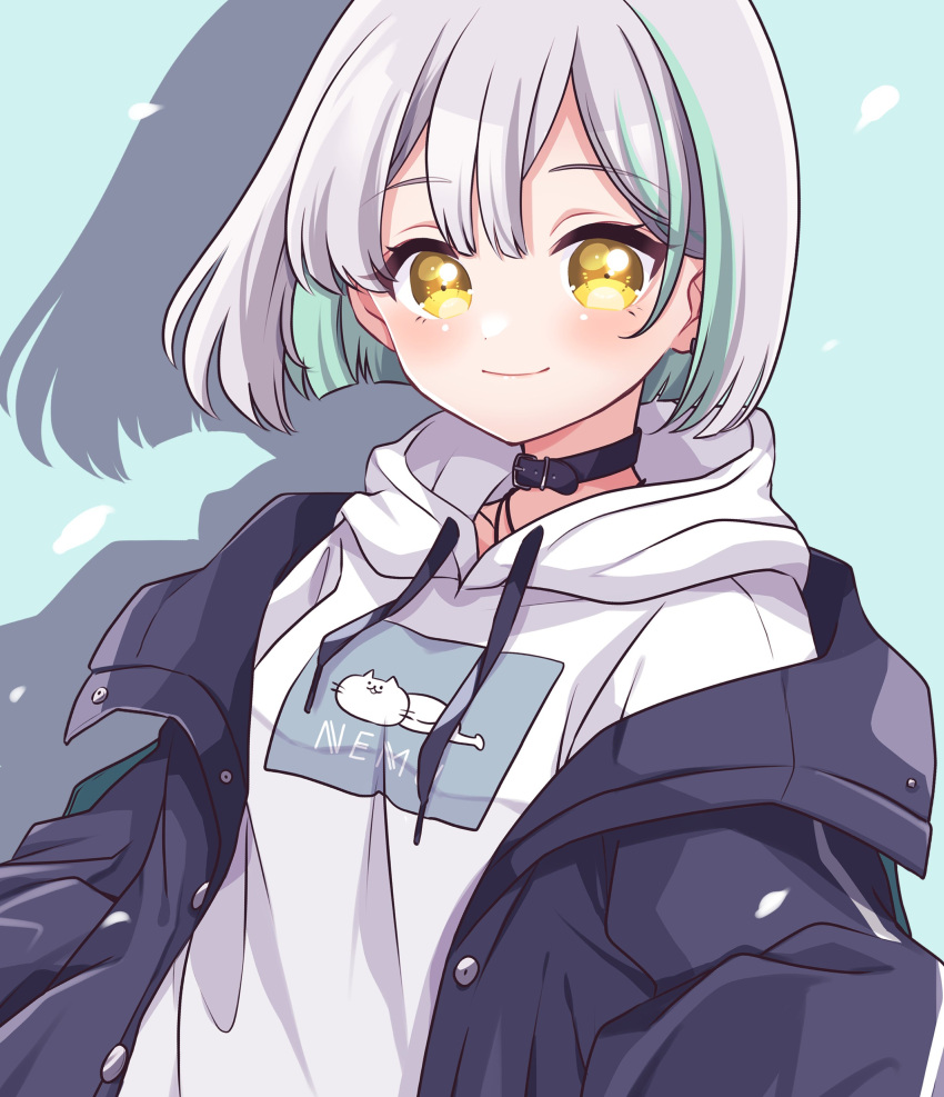 1girl, absurdres, black_jacket, blue_background, blue_hair, blush, breasts, closed_mouth