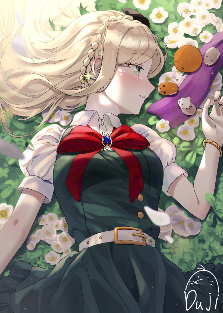 1girl, absurdres, animal, belt, black_bow, blonde_hair, bow, bowtie