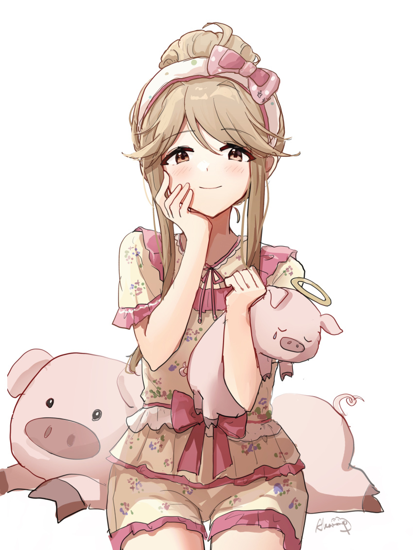 1girl, absurdres, blush, breasts, brown_eyes, brown_hair, closed_mouth, dot_nose, frilled_pajamas, hair_bun, hairband, hand_on_own_cheek, hand_on_own_face, hands_up, highres, holding, holding_stuffed_toy, idolmaster, idolmaster_million_live!, idolmaster_million_live!_theater_days, long_hair, looking_at_viewer, medium_breasts, neck_ribbon, nnnn, pajamas, pig, pink_hairband, pink_ribbon, pink_trim, ribbon, short_sleeves, shorts, sidelocks, signature, simple_background, single_hair_bun, sitting, smile, solo, stuffed_animal, stuffed_pig, stuffed_toy, tenkubashi_tomoka, white_background, yellow_pajamas