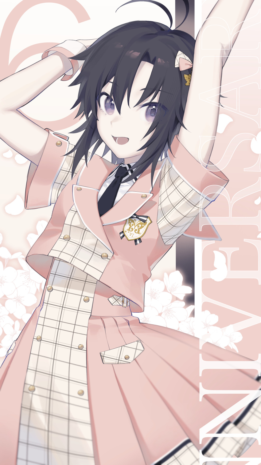 1girl, absurdres, antenna_hair, arms_up, black_hair, dress, flower, future_signature_(idolmaster)