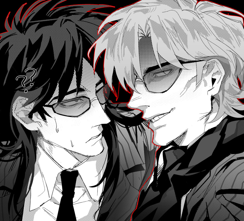 2boys, ?, ??, blazer, chinese_commentary, collared_shirt, commentary_request, glasses