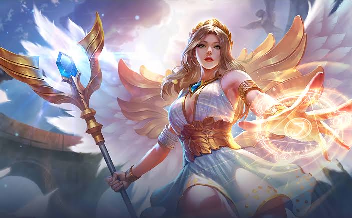 1girl, angel, angel_wings, cleavage, halo, long_hair, mobile_legends:_bang_bang, official_art