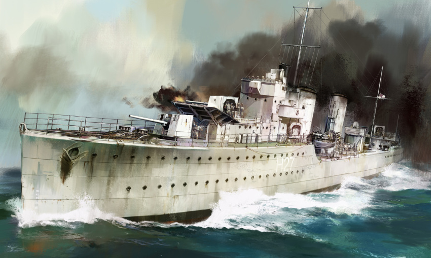 6+boys, anchor, battle, cannon, destroyer, flag, highres, hms_electra_(h27)