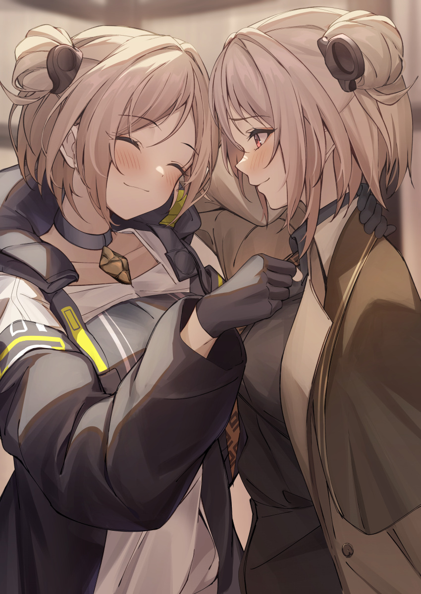 2girls, ^_^, absurdres, black_gloves, black_jacket, blonde_hair, brown_jacket, brown_necktie