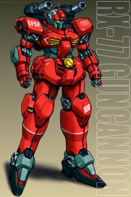 character_name, clenched_hands, commentary_request, earth_federation_space_forces, guncannon, gundam, machinery, mecha, mecha_focus, mechanical_arms, mobile_suit, mobile_suit_gundam, no_humans, ookami_kenta, original, redesign, robot, roundel, shadow, shoulder_cannon